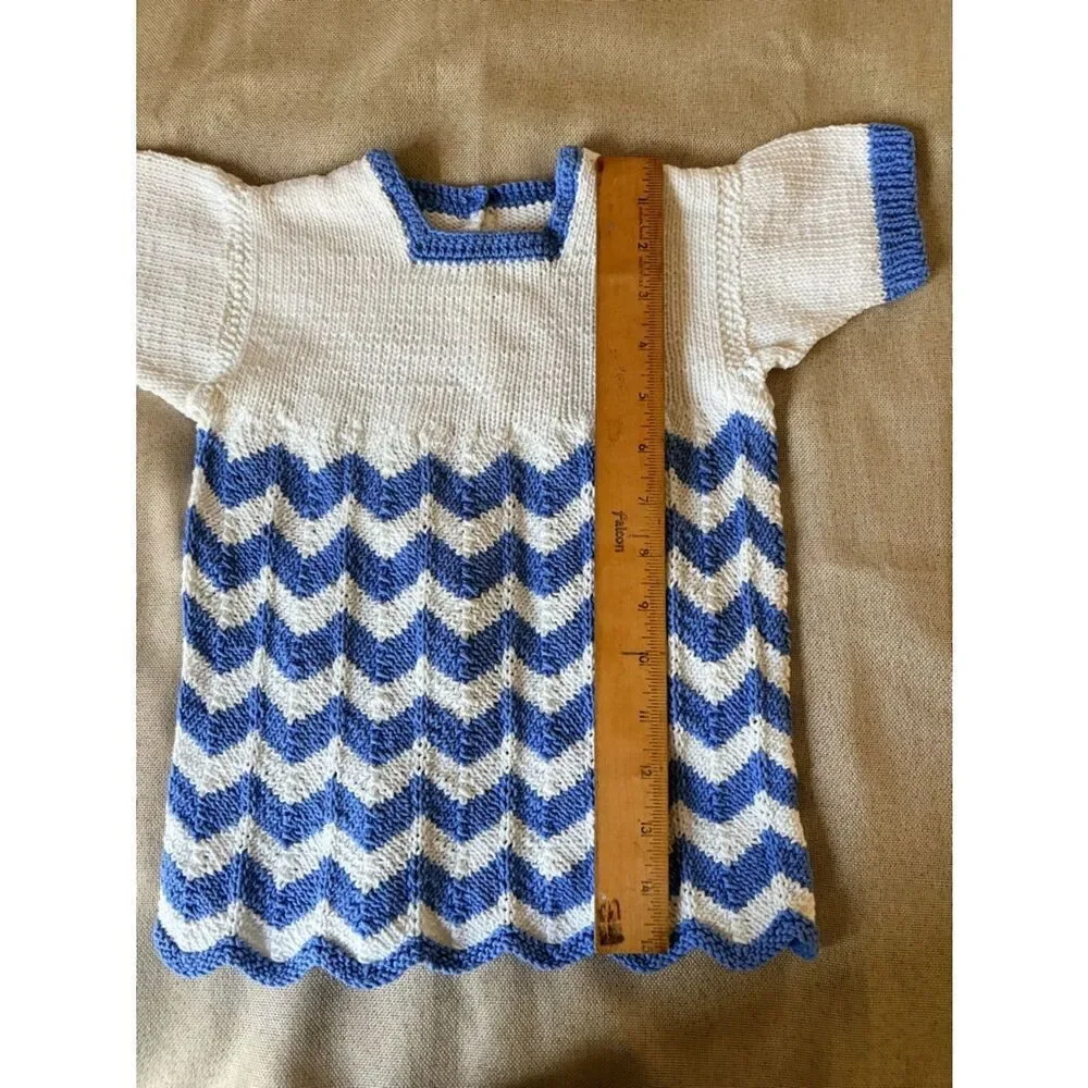 Vintage 1960s Hand Knit Baby Dress Blue White Chevron 9-12M